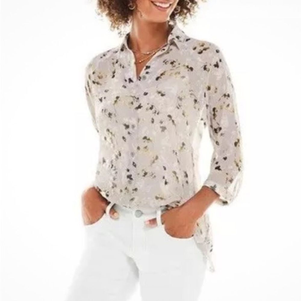 CAbi Blouse Womens Gray Matinee Floral Button Long Sleeve Semi Sheer Flowy XXS